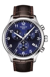 Tissot T1166171604700 Chrono Xl Classic Stainless Steel And Leather Strap Watch In Brown/ Blue/ Silver