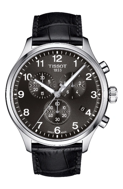 Tissot T1166171605700 Chrono Xl Classic Stainless Steel And Crocodile-embossed Leather Strap Watch In Black/ Silver