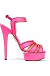CHARLOTTE OLYMPIA WOMAN LEATHER-TRIMMED NEON SATIN PLATFORM SANDALS PINK,AU 7789028783959742