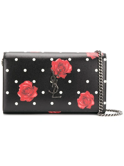 Saint Laurent Black Roses & Polka Dot Chain Wallet Bag