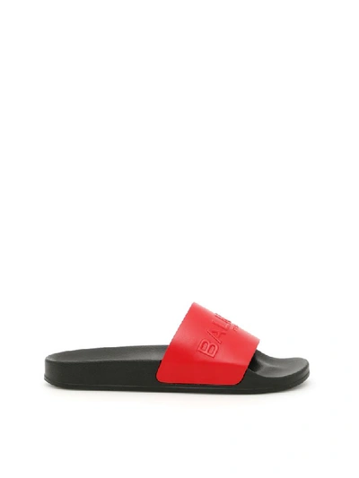 Balmain Logo Embossed Leather Slide Sandals In Redrosso