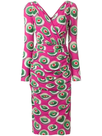 Dolce & Gabbana Long-sleeve V-neck Pastry-print Silk Midi Dress In Fuchsia
