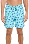 Tom & Teddy Palm Tree Print Swim Trunks In Emerald/ Blue