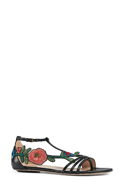 Gucci Ophelia Floral-embroidered Flat Sandals In Black