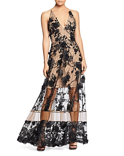 Dress The Population Sidney Deep V-neck 3d Lace Gown In Black