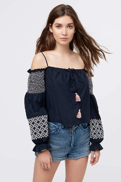 Rebecca Minkoff Tiffany Off-the-shoulder Embroidered Poplin Top In Navy