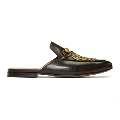 Gucci Black Tiger Princetown Slippers In Black Leather