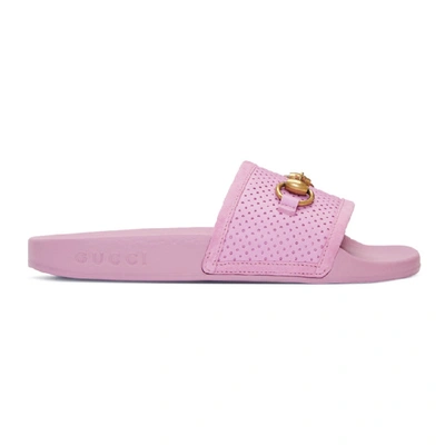 Gucci Horsebit-detailed Perforated Rubber Slides In Pink