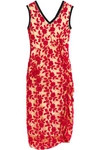 MARNI WOMAN RUCHED EMBROIDERED TULLE MIDI DRESS RED,GB 7789028785035128