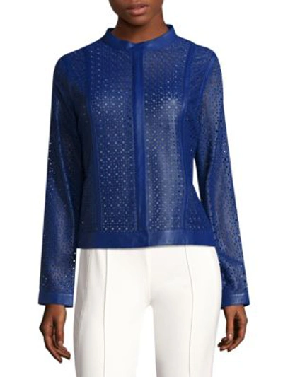 Escada Zip-front Laser-lace Leather Jacket In Cobalt