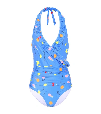 Ganni Dexies Ruffled Printed Halterneck Swimsuit In Light Blue