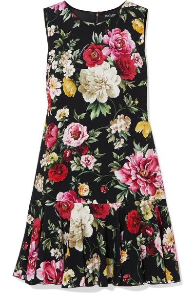 Dolce & Gabbana Ruffled Floral-print Cady Mini Dress In Black