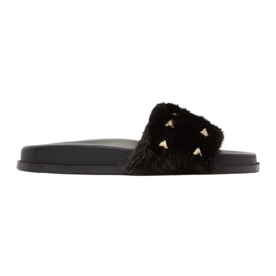 Valentino Garavani Rockstud Genuine Mink Fur Slide Sandal In Black