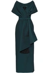 ZAC POSEN WOMAN OFF-THE-SHOULDER DRAPED PLEATED CLOQUÉ GOWN TEAL,AU 7789028784164937