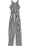 MIKAEL AGHAL MIKAEL AGHAL WOMAN RUFFLE-TRIMMED STRIPED CREPE JUMPSUIT WHITE,3074457345618590269