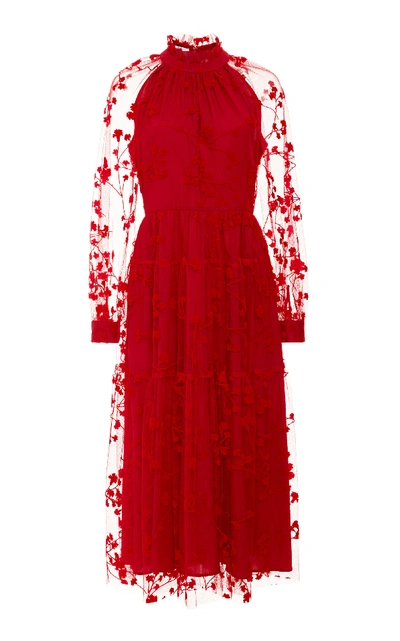 Co Floral Lace Midi Dress In Red