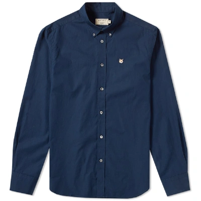 Maison Kitsuné Button Down Fox Head Poplin Shirt In Blue