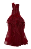 Marchesa Strapless Tulle Drop Waist Gown In Red