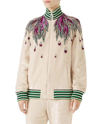 Gucci Long-sleeve Sequin Embroidered Bomber Jacket W/ Jewel Trim In White