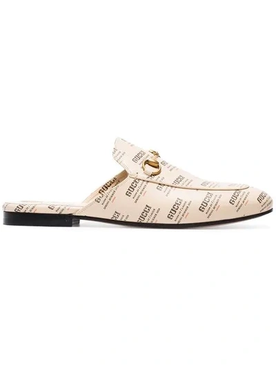 Gucci White All Over Logo Stamp Princetown Slippers In Beige