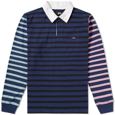 Stussy Jonah Piqué-trimmed Striped Cotton-jersey Polo Shirt In Blue