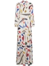 NAVRO WHITE SILK MAXI DRESS WITH FEATHER PRINT,D171212741035