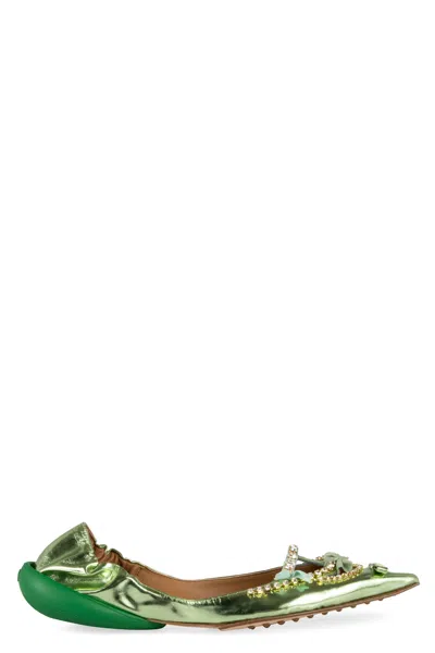 13 09 Sr Embellished Leather Ballet Flats Miky In Green