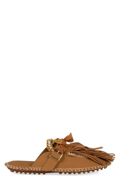 13 09 Sr Fringed Faux Leather Flat In Brown