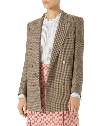 Gucci Houndstooth Linen Jacket With Back Patch In Brown