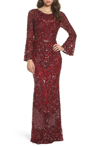 Mac Duggal Sequin Bell-sleeve Column Gown With Open Back In Burgundy