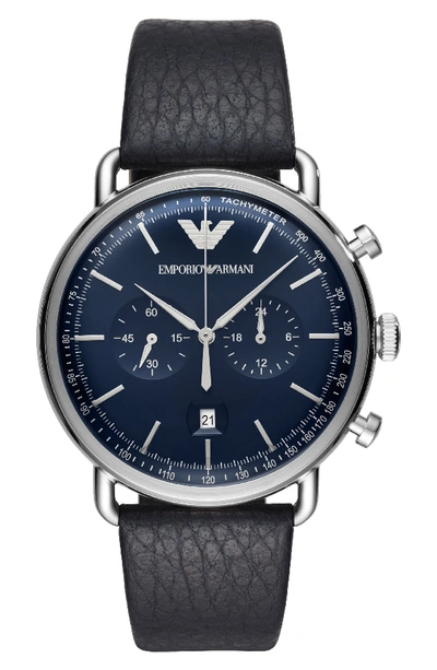 Armani Collezioni Men's Chronograph Blue Leather Strap Watch 43mm In Black