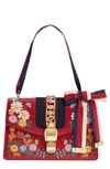 GUCCI SMALL SYLVIE FLORAL EMBROIDERED LEATHER TOP HANDLE SHOULDER BAG - RED,4218820GOBG