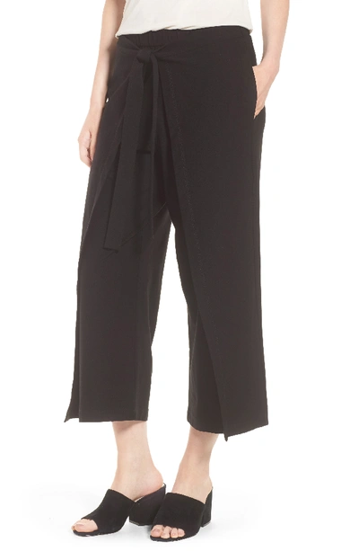 Eileen Fisher Washable Stretch Crepe Tie-front Crop Wide Leg Pants In Black