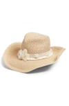 ERIC JAVITS ST. TROPEZ SQUISHEE WESTERN HAT WITH MOTHER-OF-PEARL TRIM - WHITE,14012
