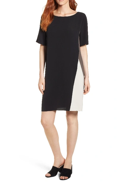 Eileen Fisher Silk Georgette Colorblock Short-sleeve Dress In Black
