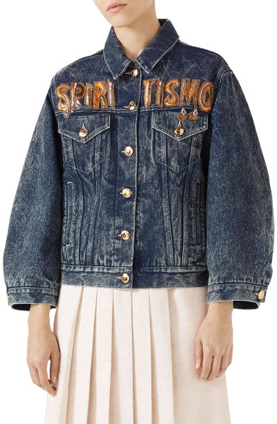 Gucci Oversized Embellished Appliquéd Denim Jacket In Blue ModeSens