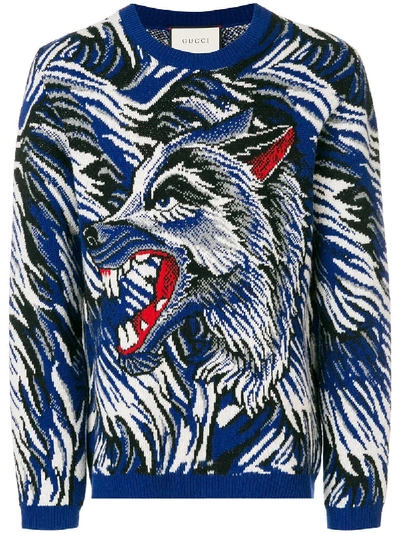 Gucci Wolf Intarsia Wool Sweater In Blue Multi | ModeSens