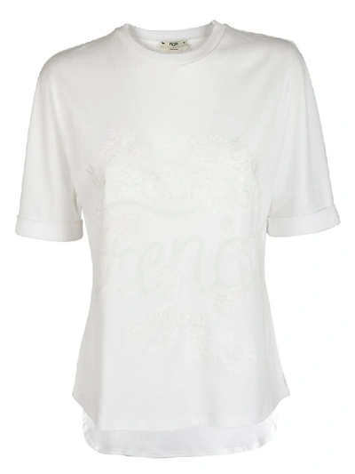 Fendi White Cotton Embroidered Logo T-shirt In F0znm White