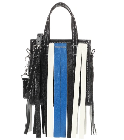 Balenciaga Bazar Xs Fringed Striped Textured-leather Tote In Bleu/blanc/noir