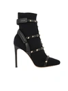 VALENTINO GARAVANI HEELED BOOTIES VALENTINO ROCKSTUD ANKLE BOOTS IN STRETCH NEOPRENE AND LEATHER WITH CONTRASTING STUDS,10532577