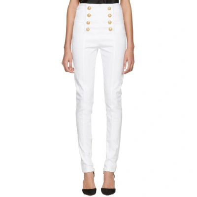 Balmain Button-embellished High-rise Skinny Jeans In Blanc Optique C0050