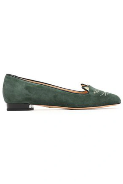Charlotte Olympia Suede Kitty Flats In Green