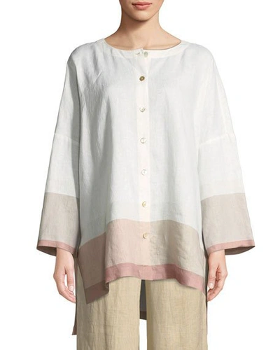 Go Silk Bicolor-trim Linen Boyfriend Tunic, Plus Size In White/sesame