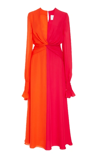 Carolina Herrera Deep-v Long-sleeve Colorblocked Silk Long Dress In Pink