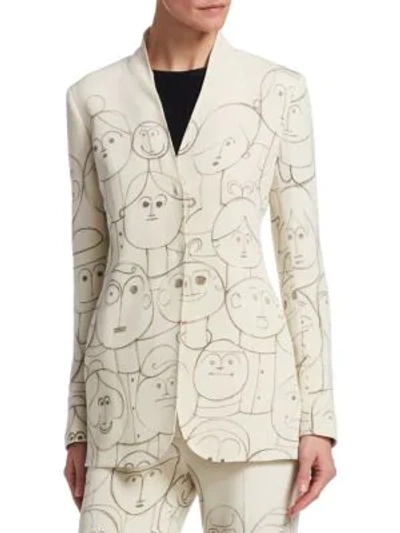 Akris Oliana Snap-front Silk Crepe Jacket With Faces-print In White