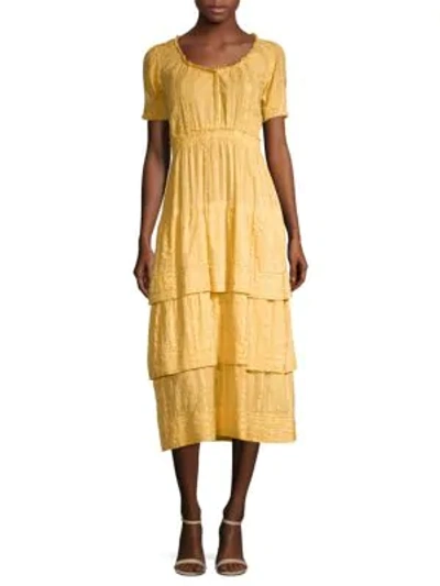 Loveshackfancy Heather Tiered Embroidered Cotton Midi Dress In Marigold