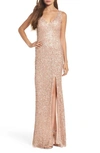 Mac Duggal Sequined V-neck Sleeveless Gown With High Slit In Shimmering Gold