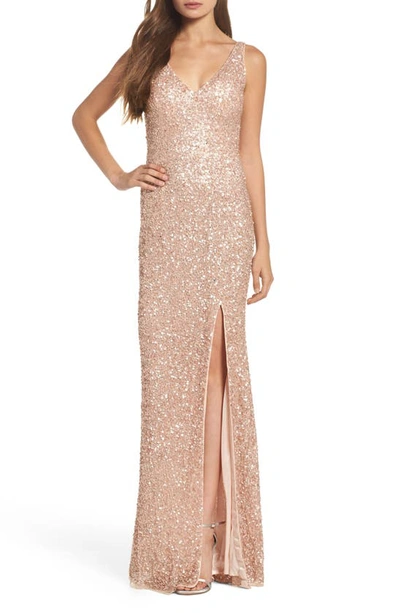 Mac Duggal Sequined V-neck Sleeveless Gown With High Slit In Shimmmering Gold