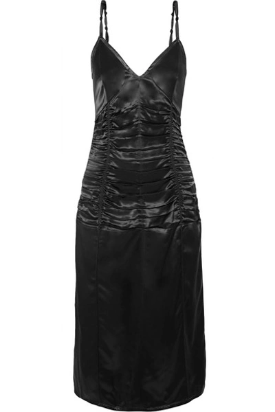 Helmut Lang Ruched Satin Midi Dress In Black