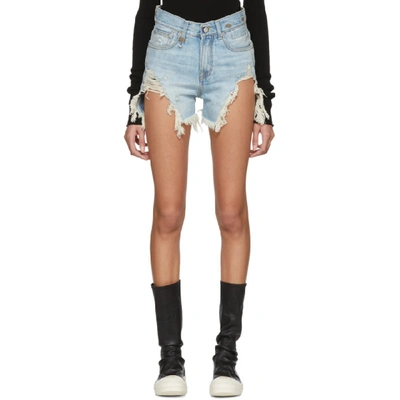 R13 Blue Denim Shredded Slouch Shorts In Rutland Painted